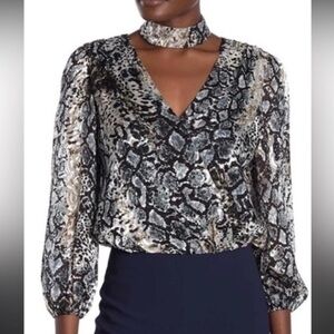 Alice + Olivia Luba Snake Print Silk Blend Burnout Long Sleeve Wrap Top Womens S